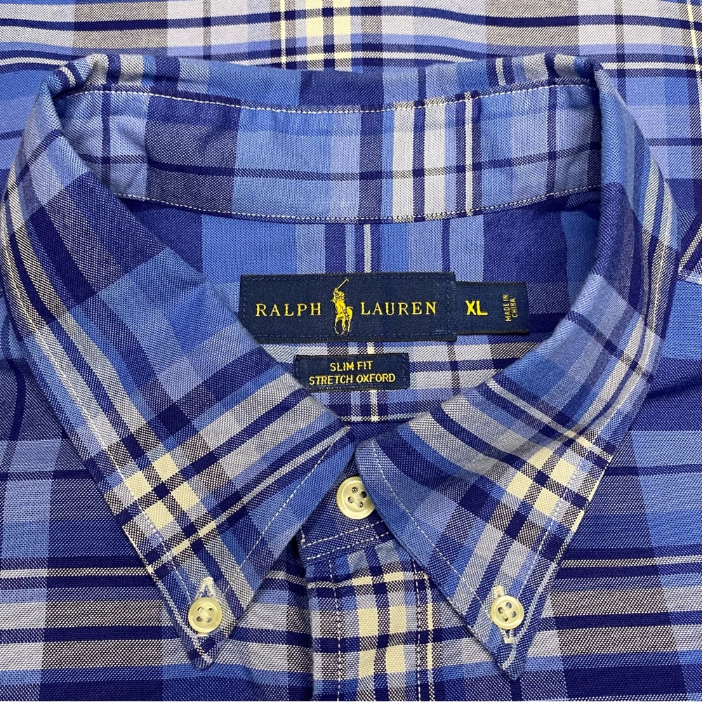 Ralph Lauren Slim Fit Long Sleeve Shirt Men XL Blue Plaid Flesh Pony Preppy